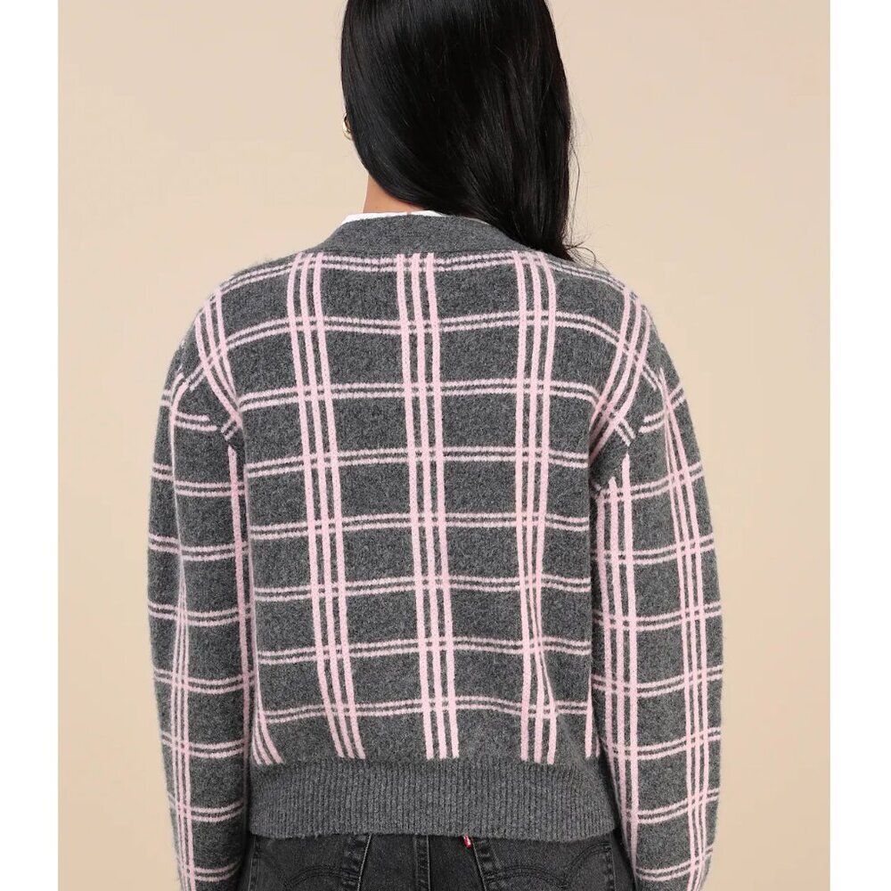 Lulus Ideal Crush Charcoal Grey And Pink Plaid Cardigan - Size L - Picture 3 of 4
